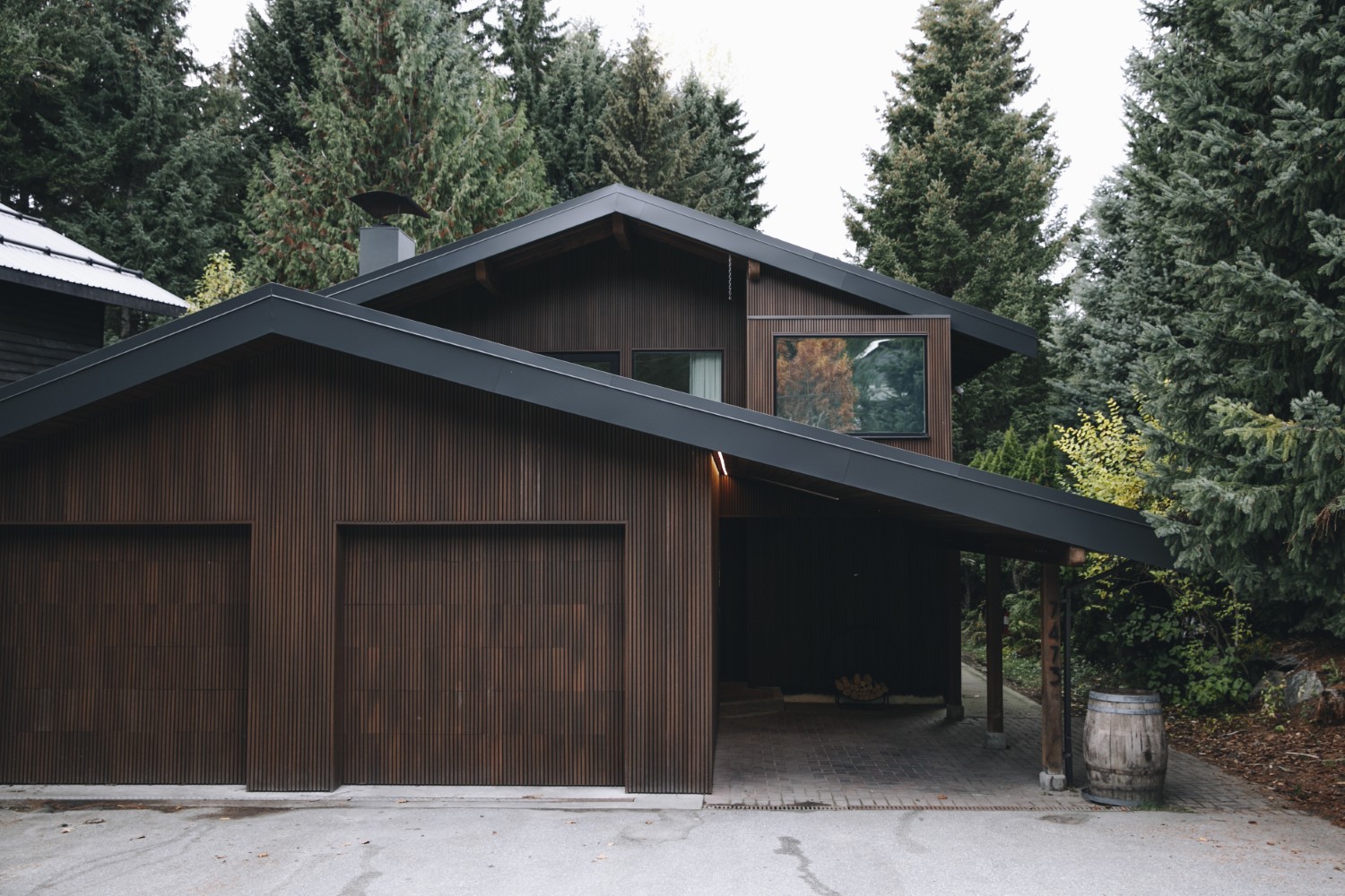 Modern mountain home surrounded by trees